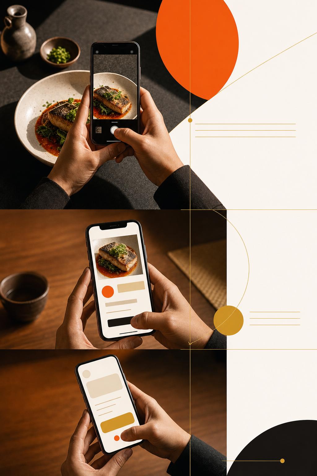 料理の写真をスマートフォンで撮影し、販促へ活用する流れのイメージ