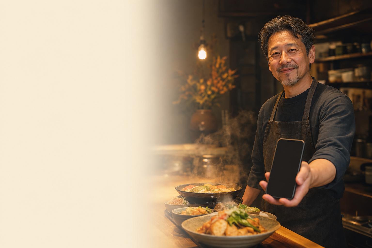 飲食店経営者がスマートフォンを使う場面のイメージ