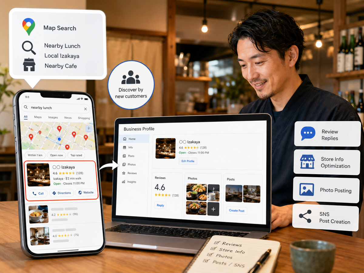 Googleマップ、店舗情報、口コミ返信、SNS投稿を整えるイメージ