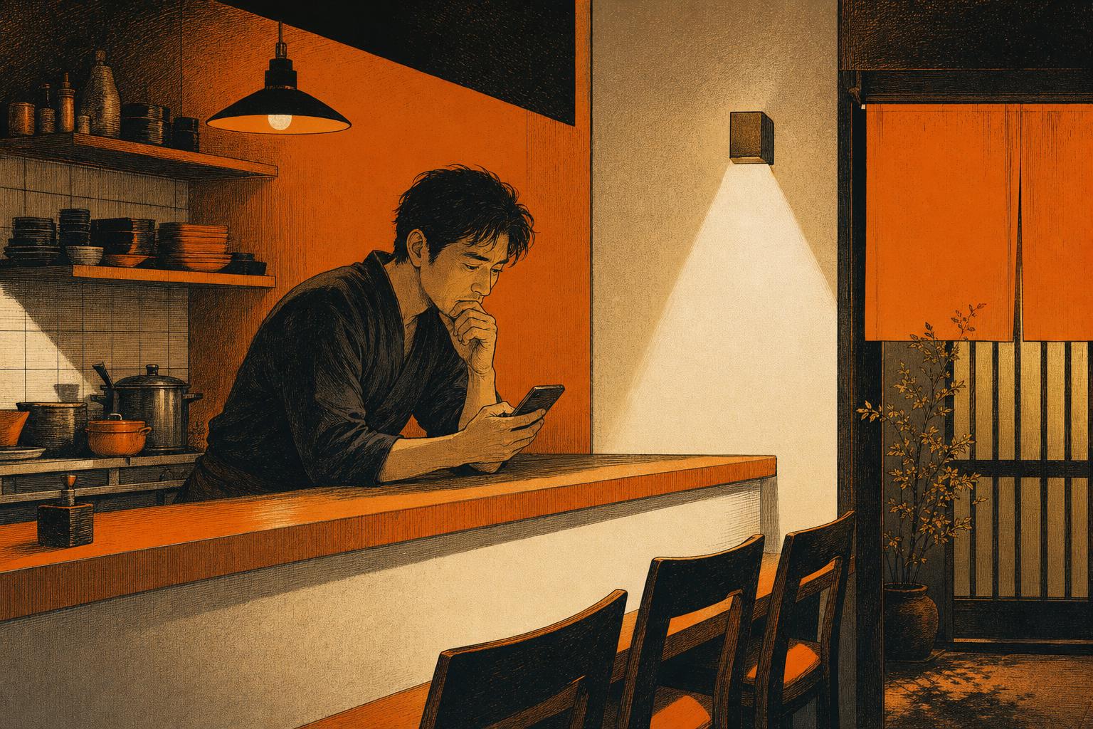 営業後にスマートフォンを見ながら考える飲食店経営者のイメージ